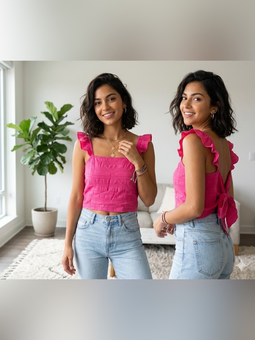 Festival Summertime Flutter Sleeve Hot Pink Ruffle Strap Smocked Crop Top Women